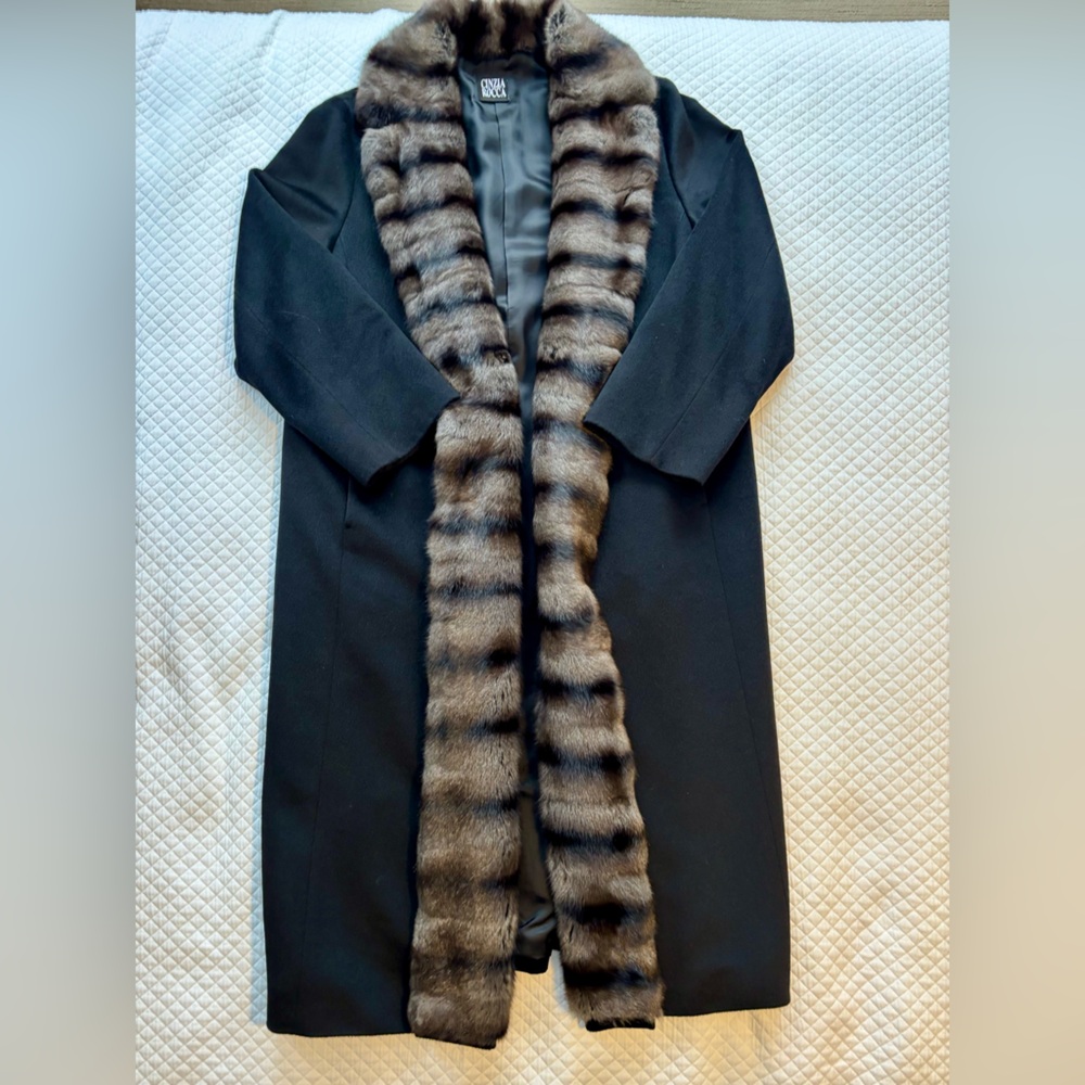 Cinzia Rocca alpaca wool long black coat with fur trim size 8 - made in Italy